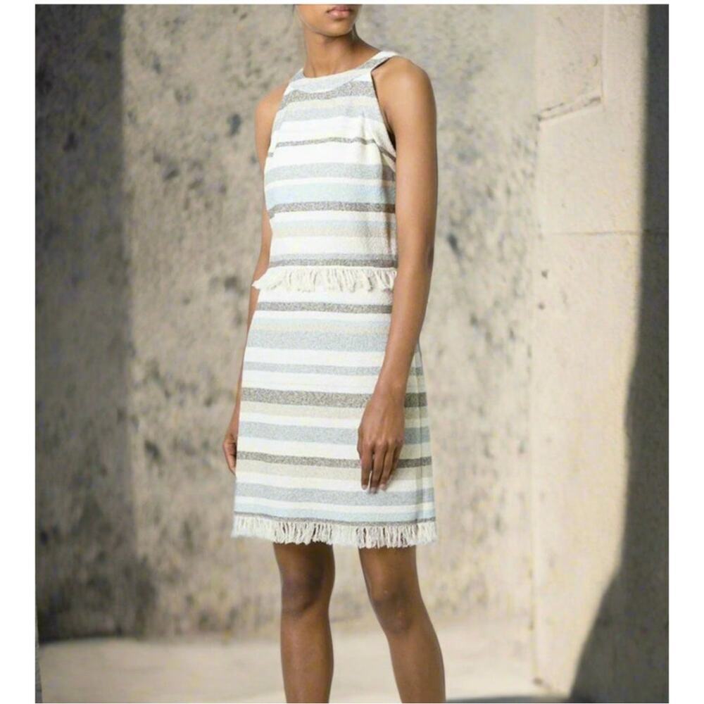Tory Burch Jane Sheath Dress Off White Stripe Fringe Sleeveless 10